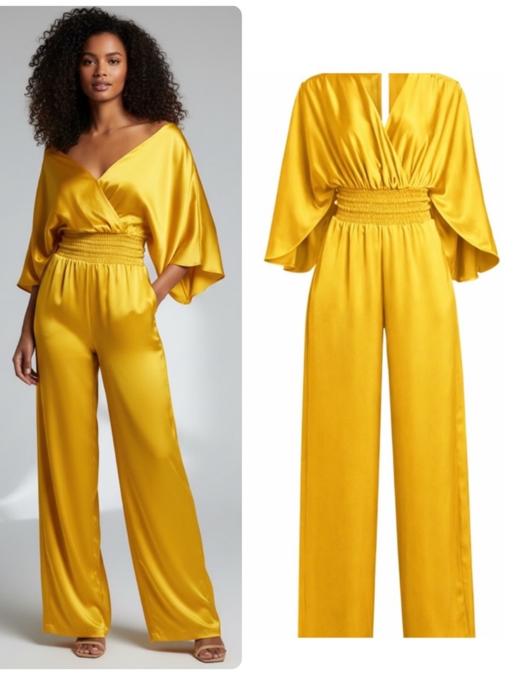 Ramy Brook Cheri Silky Satin Margo Mustard Yellow Wide-Leg Jumpsuit NWT $545